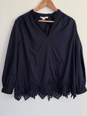 Chico’s Dark Navy Blouse Lace Hem Top V Neck 3/4 Sleeve Cotton Size 2